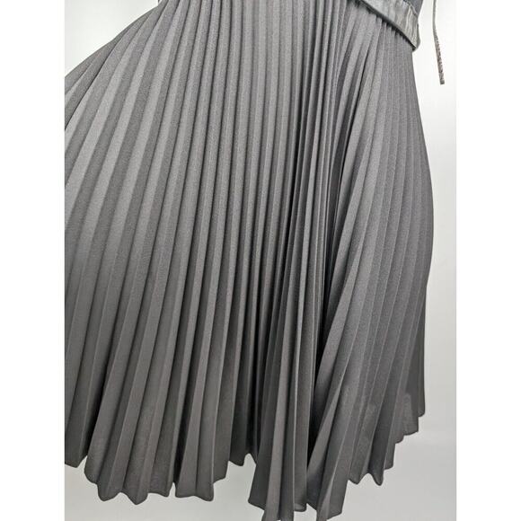 The Kooples Lamb Leather Trim Pleated Black A Line Deep V NWT Mini Dress 38 US 8 - Picture 6 of 10